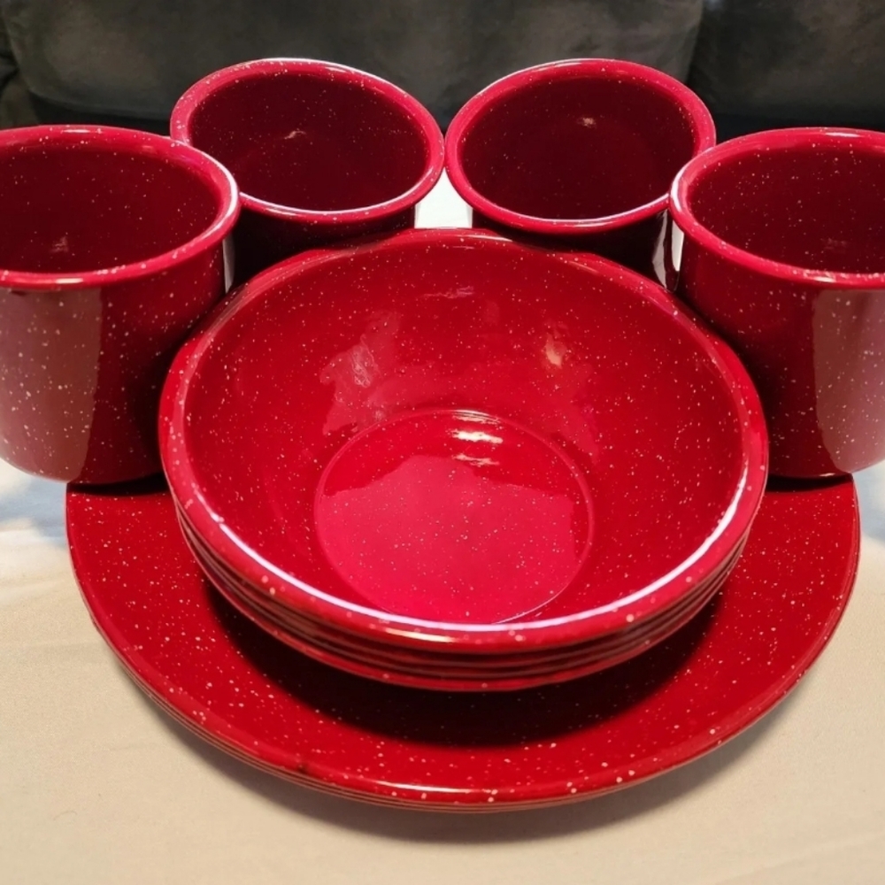 Coleman 12 Piece Red Enamelware Dinnerware Set.